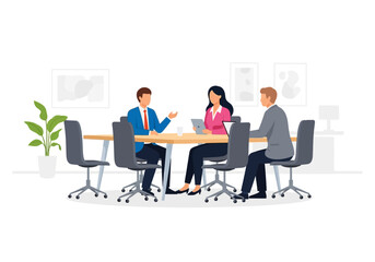Meeting scene shows 3 seated professionals at a table in a bright office with artwork