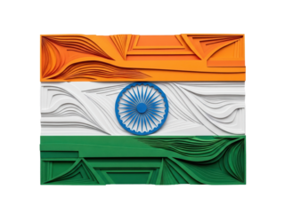 A close-up, 3D rendering of a waving Indian flag. The focus is on the center of the flag, showing the white stripe and the Ashoka Chakra in clear detail on transparent background