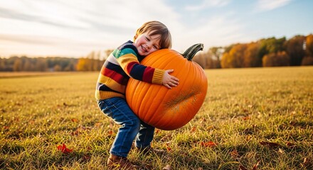 Joyful child hugs giant pumpkin in golden autumn field, celebrating harvest season delight