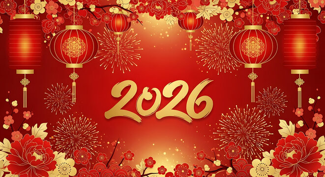 Chinese new year 2026 with lanterns and fireworks on red background vector illustration isolated on white background