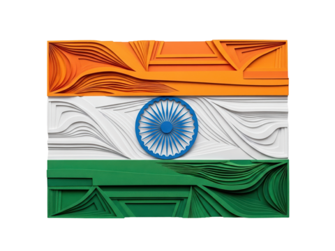 A close-up, 3D rendering of a waving Indian flag. The focus is on the center of the flag, showing the white stripe and the Ashoka Chakra in clear detail on transparent background