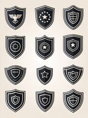 Shield icon set in vintage style. Protect shield security line icons. Badge quality symbol, sign, logo or emblem. Vector illustration