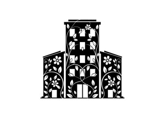 Black and White Building Icon with Floral Vines.