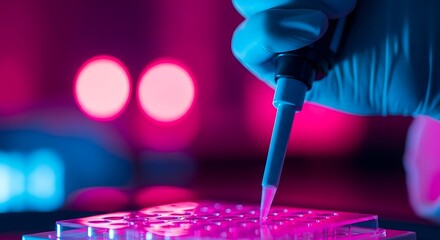 Scientist's gloved hand precisely pipetting liquid into a multi-well plate under vibrant pink and blue neon lights.