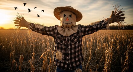 Spooky scarecrow welcomes autumn with open arms in a golden sunset field