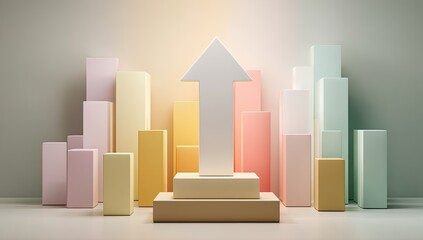 Abstract upward trend graphic.  Pastel-colored rectangular blocks form a background, with a white upward-pointing arrow on a tiered, light-brown platform in the foreground