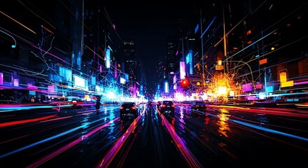Dynamic futuristic cityscape at night with intense multi-colored light trails and reflections on a dark wet street.