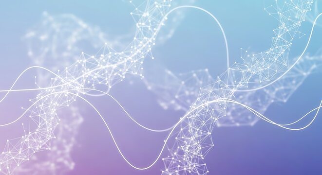 Abstract digital network of interconnected white lines and dots with smooth wave patterns on a soft pastel gradient background.