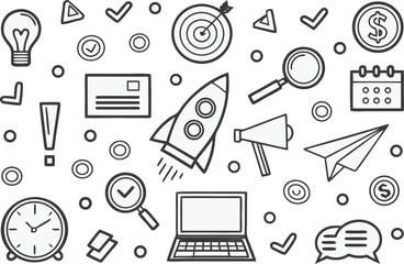 Doodle icons of business and startup elements including a rocket laptop and lightbulb