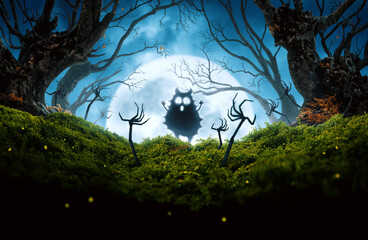 Spooky monster in mysterious forest and zombie hands rising out of the ground