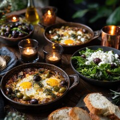 Hearty meal with eggs, olives, and salad.  Dark tableware, candles, rustic wood
