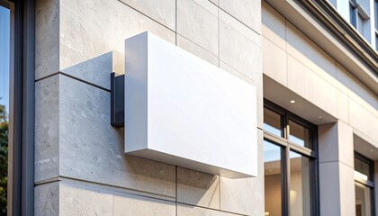 Clean blank white rectangular sign concept on a modern stone building facade, ideal for business branding and advertising mockups.