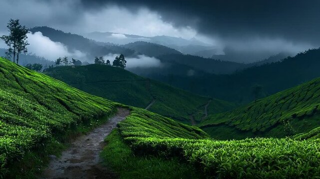 misty tea plantations in munnar kerala, indian landscape video timelapse