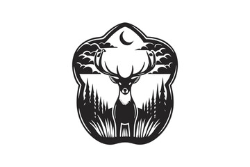 Majestic Deer in Forest with Moon and Clouds on White Background