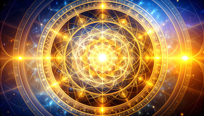 Golden Geometric Abstract Design Depicting a Luminous Energy Circle against a Dark Blue Cosmic Background with Ornate Details