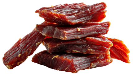 Savory Beef Jerky Stack: A close-up shot showcases a delicious stack of succulent beef jerky, expertly prepared to capture its savory flavor. 