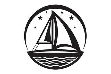 Black Sailboat Stars Emblem Icon on White Background Abstract Minimalist