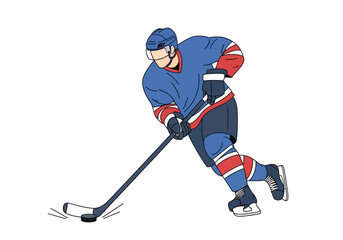 A hockey player in blue uniform skates towards a puck stick in hand against a white backdrop