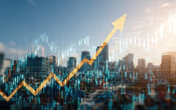 Financial growth overlaid on a city skyline.  A golden upward trend line dominates the image, superimposed on a cityscape and financial data