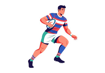 A stylized rugby player sprints with the ball wearing striped jersey and blue socks