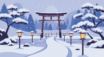 Snowy Japanese landscape with a traditional Torii gate and a path illuminated by glowing lanterns.