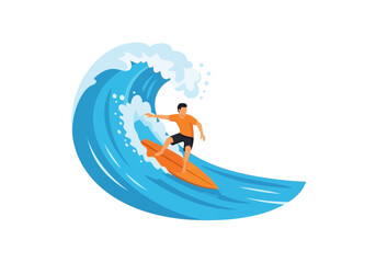 A surfer rides a wave sporting an orange shirt on a tan board The wave is blue with a white crest