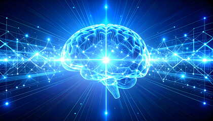Fototapeta premium Illuminated Digital Brain Concept Depicting Neural Network Connections In Blue Light Against Dark Background