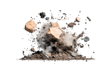 Flying debris of stones and soil captured in motion