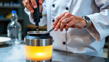 Chef using sous vide immersion technique to create culinary masterpieces in modern kitchen environment