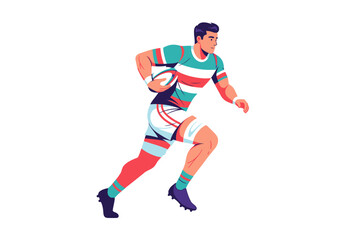 Naklejka premium Rugby player running teal white striped shirt red legs holding ball determined look