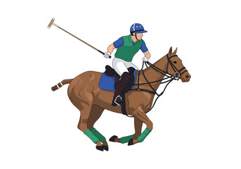 Polo player astride galloping horse mallet raised
