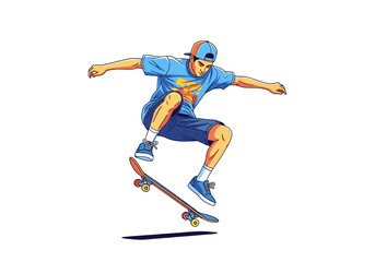 Obraz premium Skateboarder in midair executing a trick Wearing blue clothes and a cap