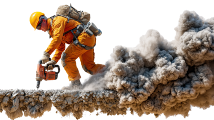 Construction Worker in Action: A dedicated construction worker, clad in protective gear, fearlessly operates a power tool amidst a cloud of dust, symbolizing strength and determination.