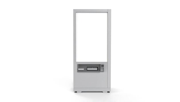 Gray vending machine with blank screen.