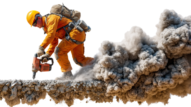 Construction Worker in Action: A dedicated construction worker, clad in protective gear, fearlessly operates a power tool amidst a cloud of dust, symbolizing strength and determination.