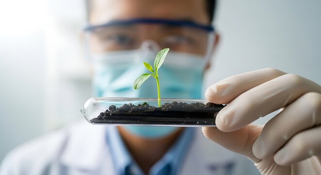 Scientist in a lab coat and mask holding a test tube with a small green plant sprout and soil, symbolizing botanical research.