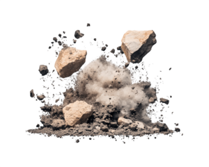 Flying debris of stones and soil captured in motion