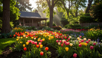Obraz premium Lush Garden Scene with Abundance of Colorful Tulips in Full Bloom with a Small House and Sunlight Beams Filtering Through Trees