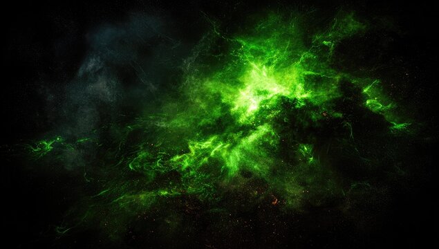 Deep space nebula, vibrant green clouds against dark