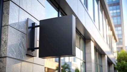 Modern business exterior featuring a blank black square sign. A 3D render mockup for corporate branding or logo presentation.