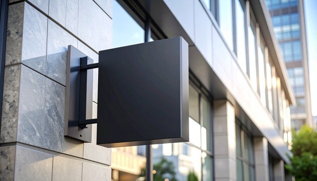 Modern business exterior featuring a blank black square sign. A 3D render mockup for corporate branding or logo presentation.