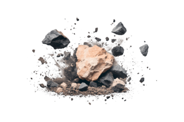 Flying debris of stones and soil captured in motion