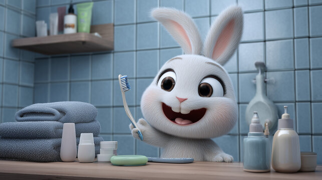 3d render, Cute cartoon rabbit brushing teeth in bathroom background