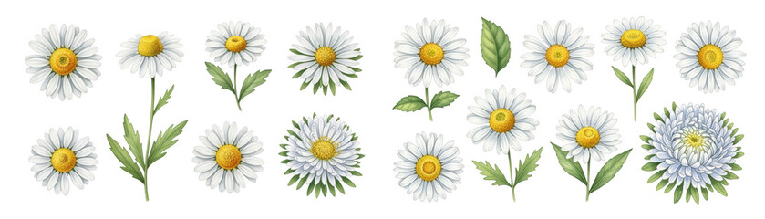 Fototapeta premium A vibrant arrangement of white daisies with green leaves, showcasing nature's beauty.