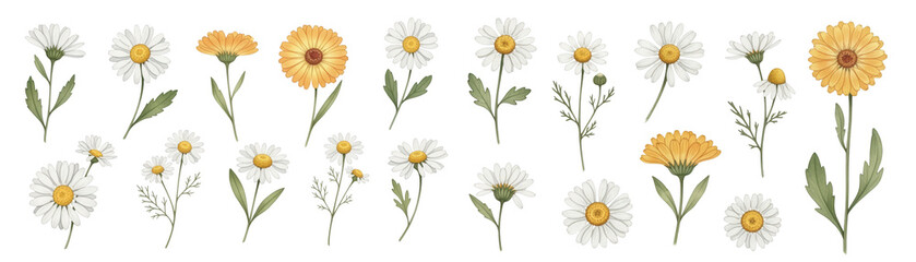 A beautiful collection of mixed flowers, featuring daisies and bright marigolds on a transparent background.