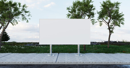 Straight Street-Level Billboard with Blue Sky and Trees