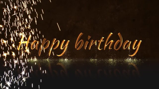 Happy Birthday in gold letters and with fireworks