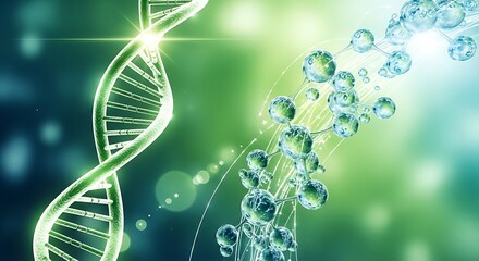 Luminous green DNA double helix and molecular structure glowing in a vibrant scientific backdrop.