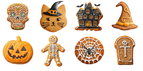 Set of delicious gingerbread cookies decorated in Halloween theme