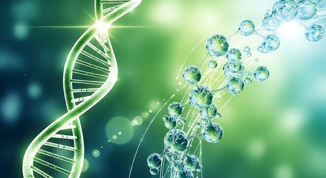 Luminous green DNA double helix and molecular structure glowing in a vibrant scientific backdrop. - Powered by Adobe
